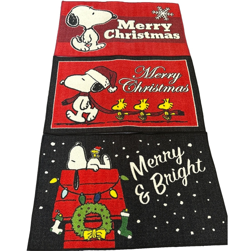 3 Peanuts Snoopy Doghouse Stocking MERRY CHRISTMAS Holiday Greeting Rug Door Mat